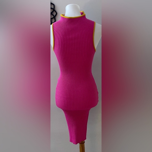 Commense Funnel Neck Pink Ribbed Knit Sweater Midi Dress Chic Casual Fall - Picture 3 of 6